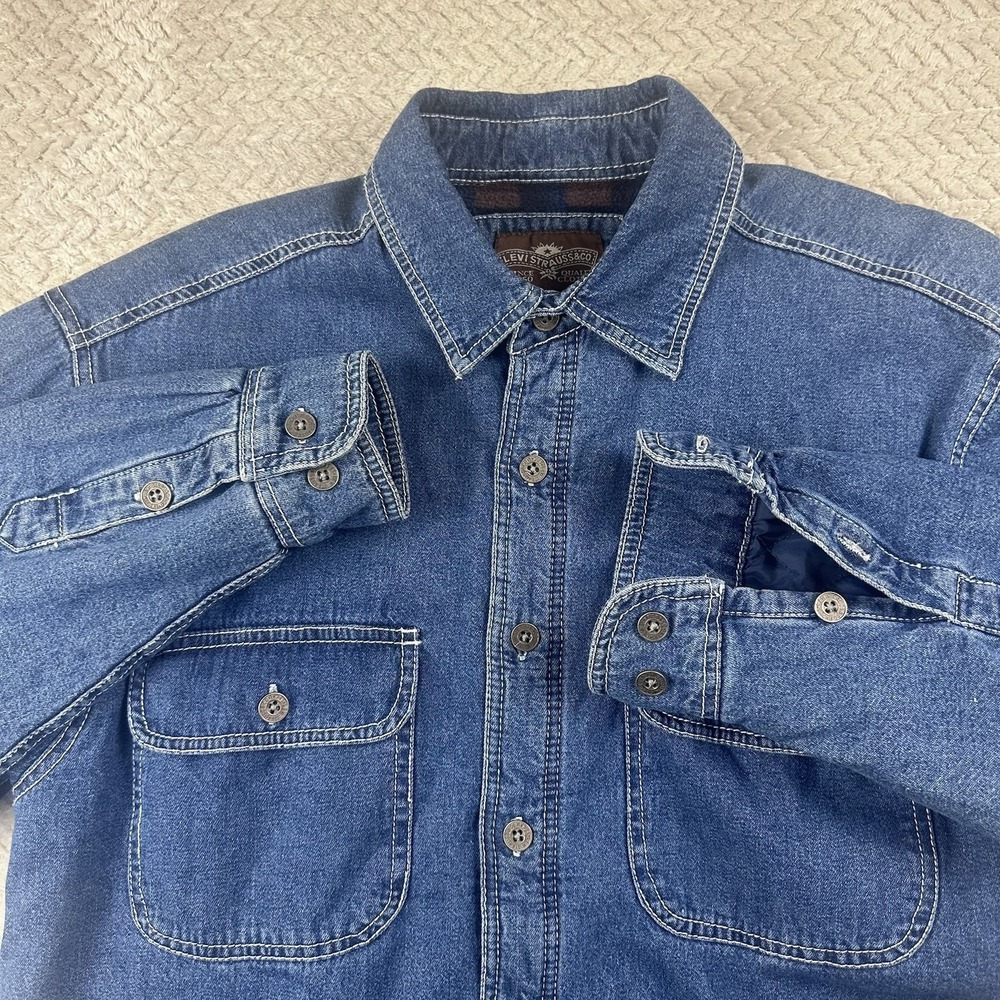 Levis Denim Shacket Jacket Men's Medium Flannel Lined Trucker Biker Grunge - Picture 3 of 13